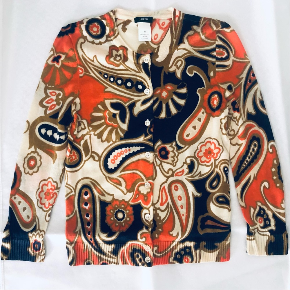 J Crew 100% Merino Wool Paisley Print Cardigan XS